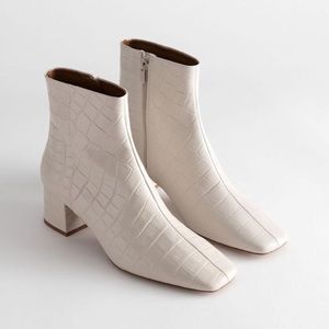 & Other Stories Croc Embossed Leather Square Toe Ankle Boots